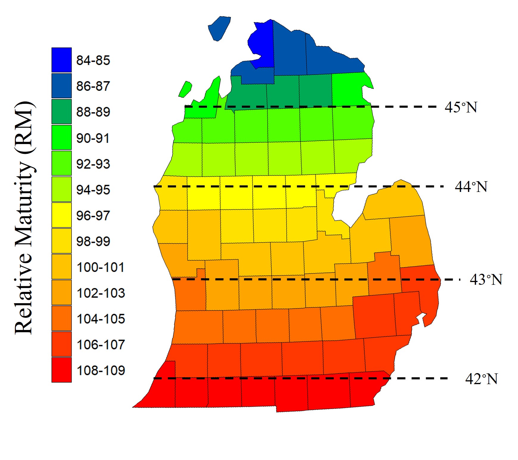 Map of Michigan showing relative maturity (RM) zones for corn hybrids, color-coded from lower RM in the north (blue/green) to higher RM in the south (yellow/orange/red), with latitude lines marked.